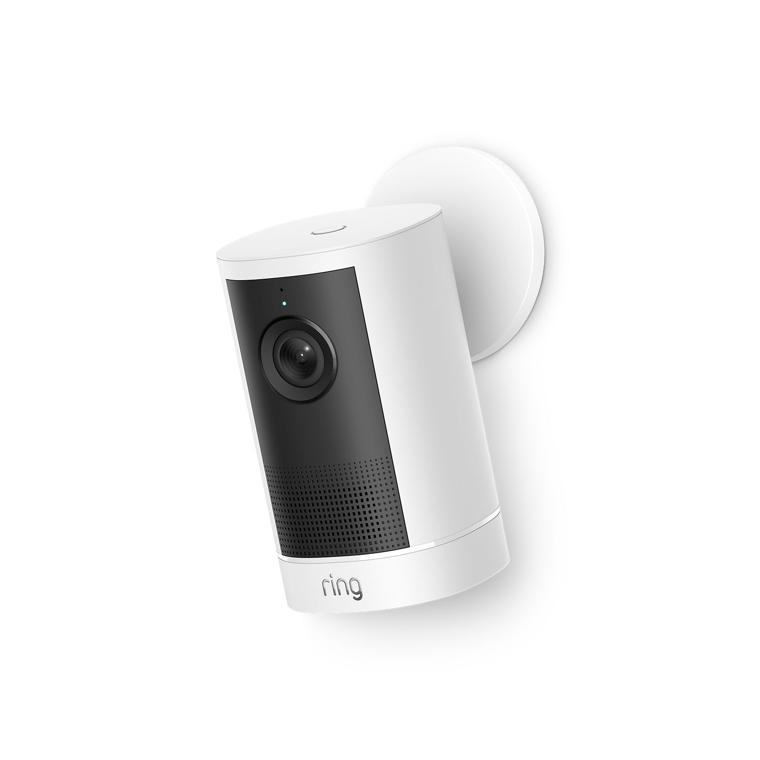 White Ring Outdoor Camera 4K Plus Battery, mounted on a circular wall bracket against a white background, angled slightly downward