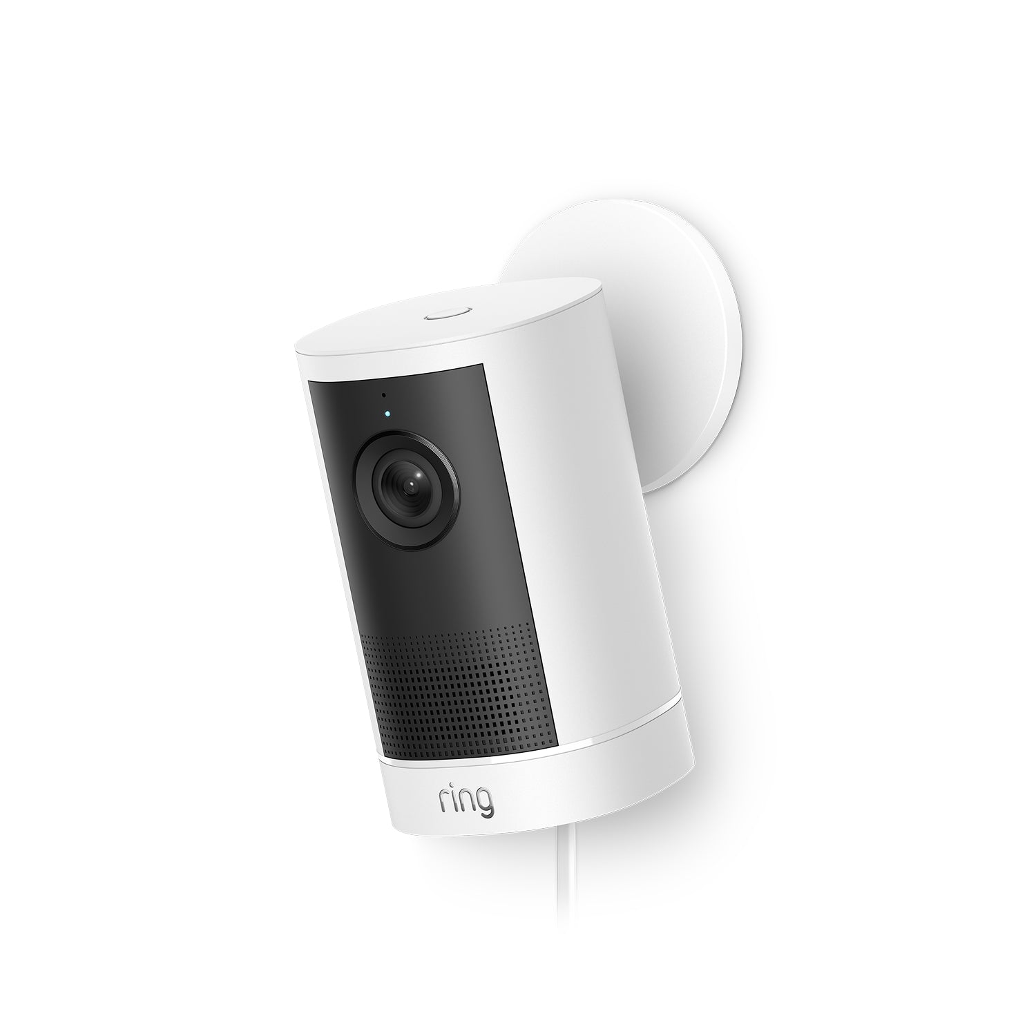 White Ring Outdoor Camera 4K Plus Plug-in, mounted on a circular wall bracket against a white background, angled slightly downward