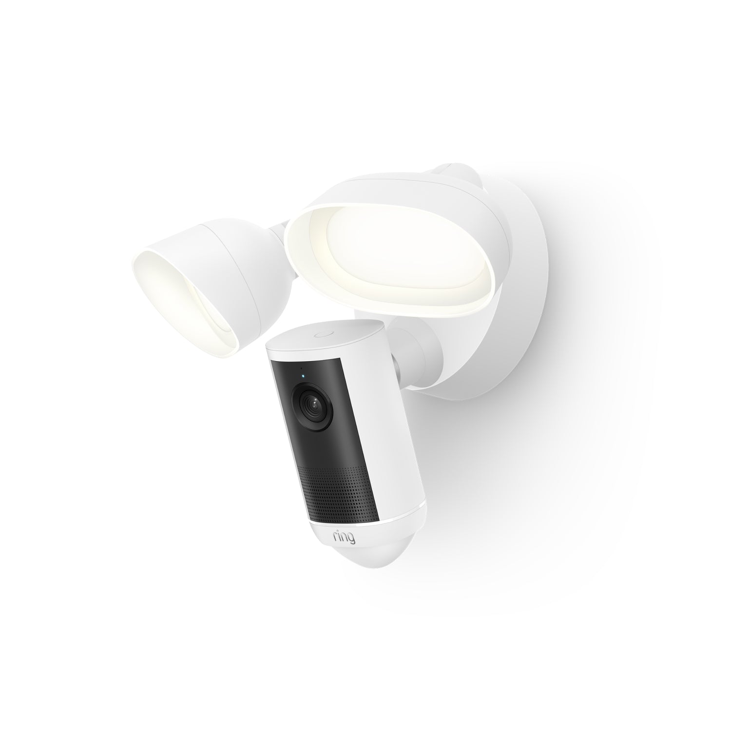 White:Ring Floodlight Cam 4K Plus in white with dual adjustable LED light heads and integrated camera module.