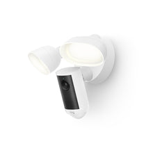 White:Ring Floodlight Cam 4K Plus in white with dual adjustable LED light heads and integrated camera module.