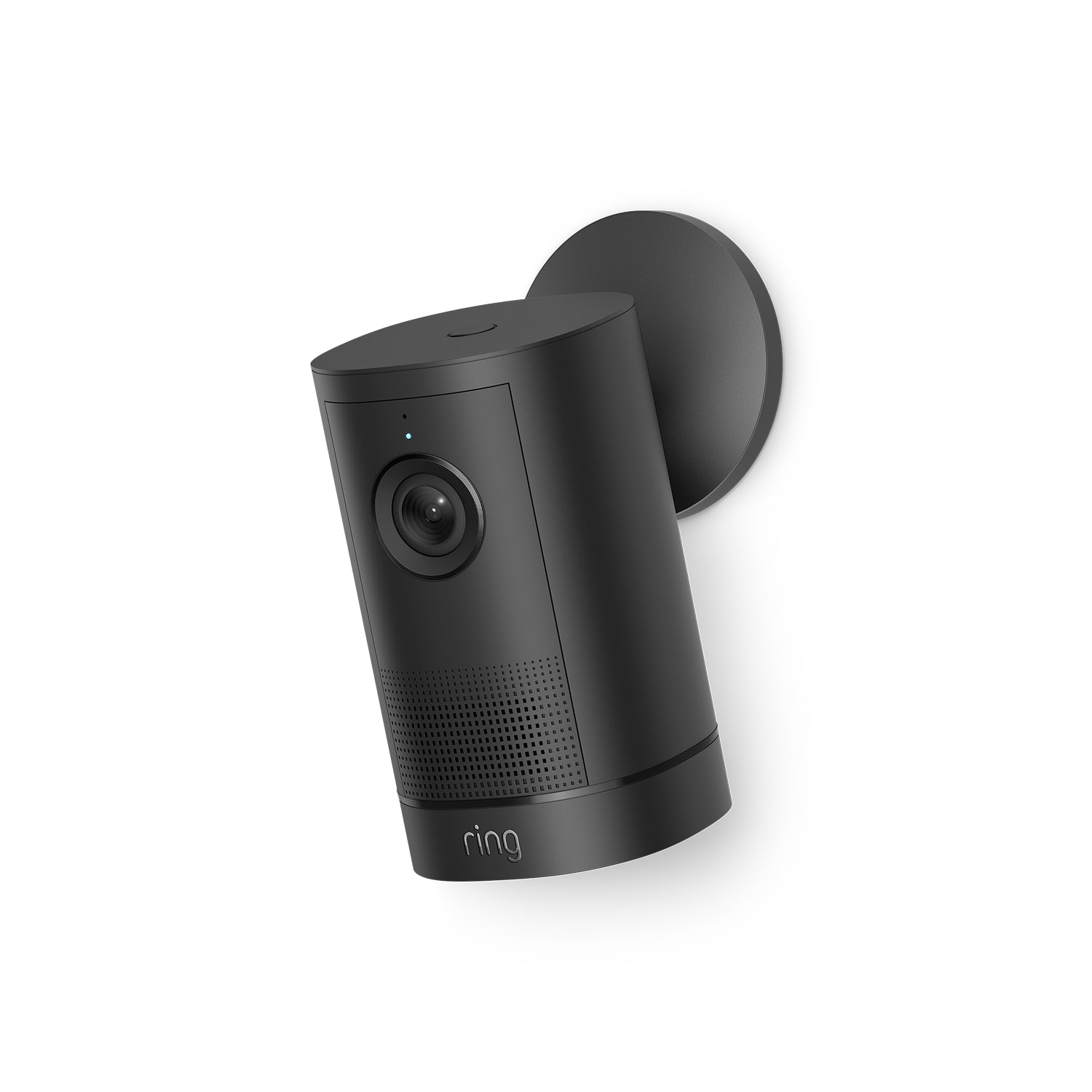 Black Ring Outdoor Camera 4K Plus Battery, mounted on a circular wall bracket against a white background, angled slightly downward