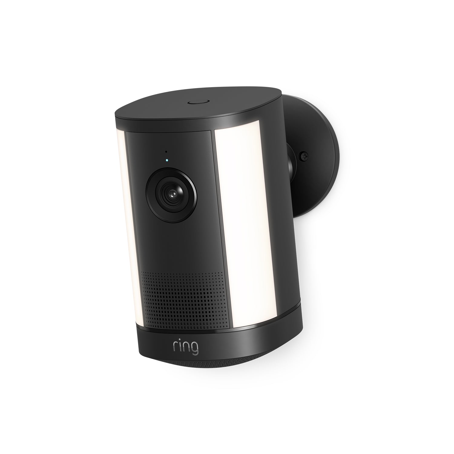Black Ring Spotlight Camera Plus battery with adjustable mounting bracket, shown against a clean background.