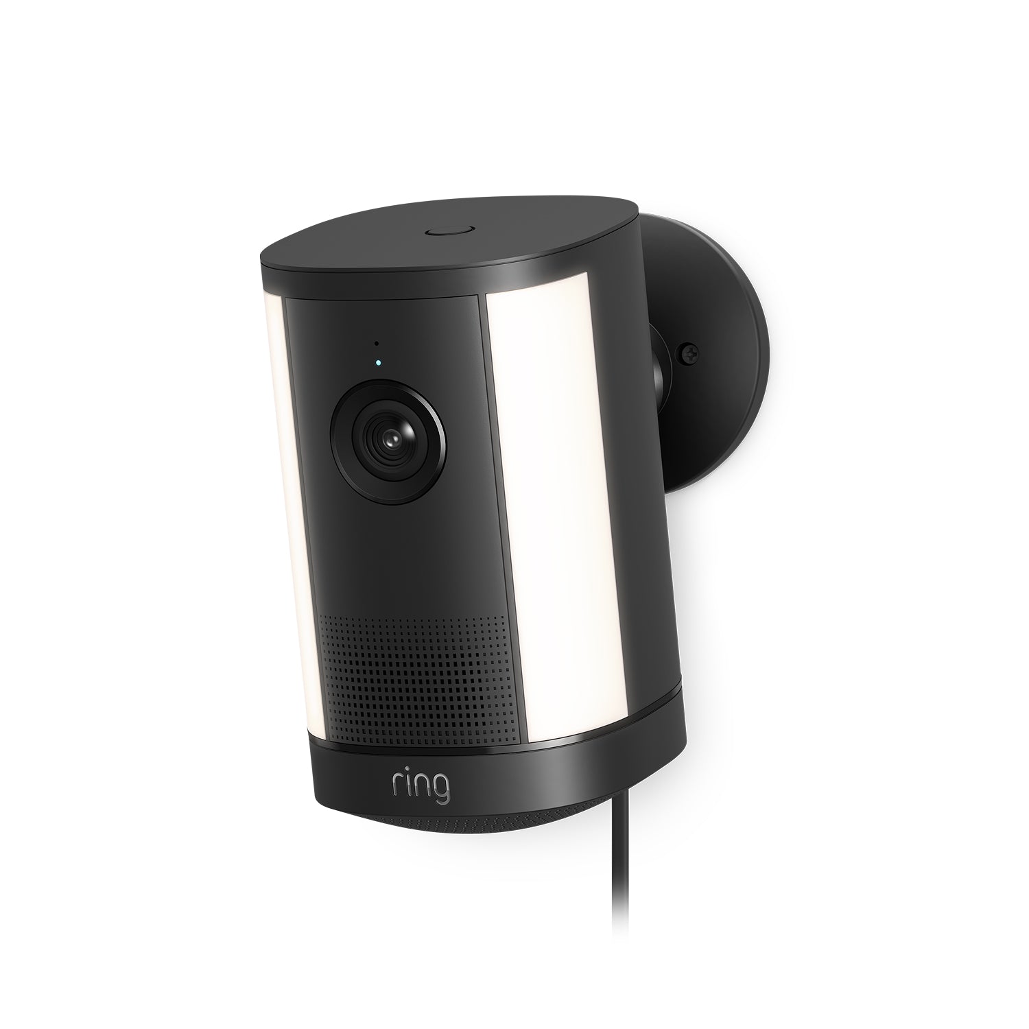 Ring Spotlight Camera Plus Plug-in black with adjustable mounting bracket, shown against a clean background