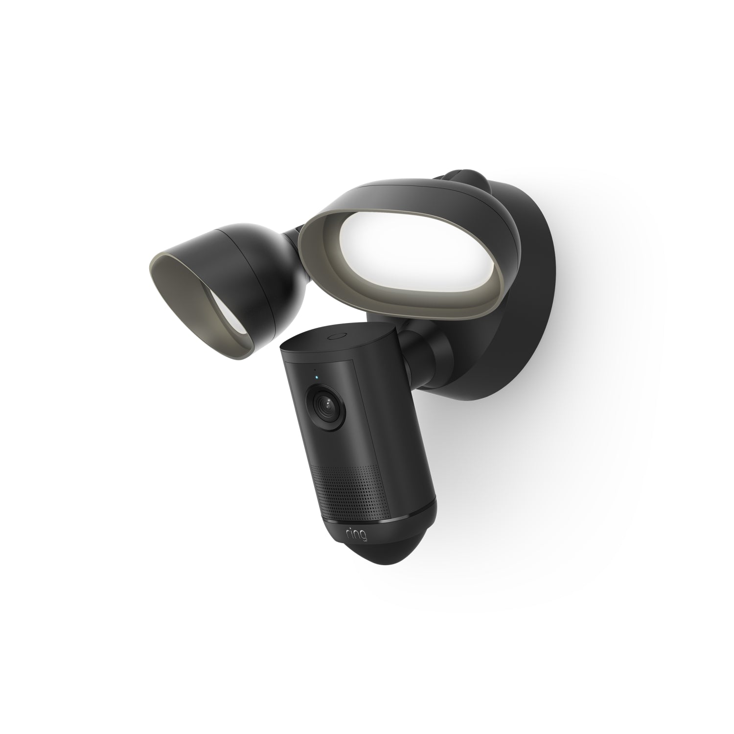 Ring Floodlight Cam 4K Plus in black with dual adjustable LED light heads and integrated camera module.