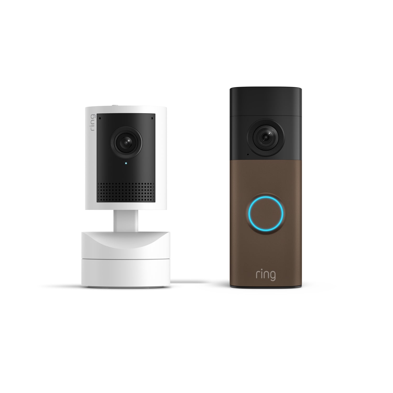 Matte Mocha:Battery Video Doorbell 2K next to Pan-Tilt Indoor Cam 2K on a white background