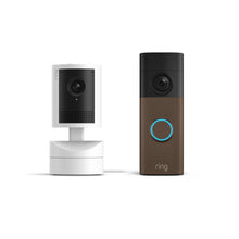 Matte Mocha:Battery Video Doorbell 2K next to Pan-Tilt Indoor Cam 2K on a white background