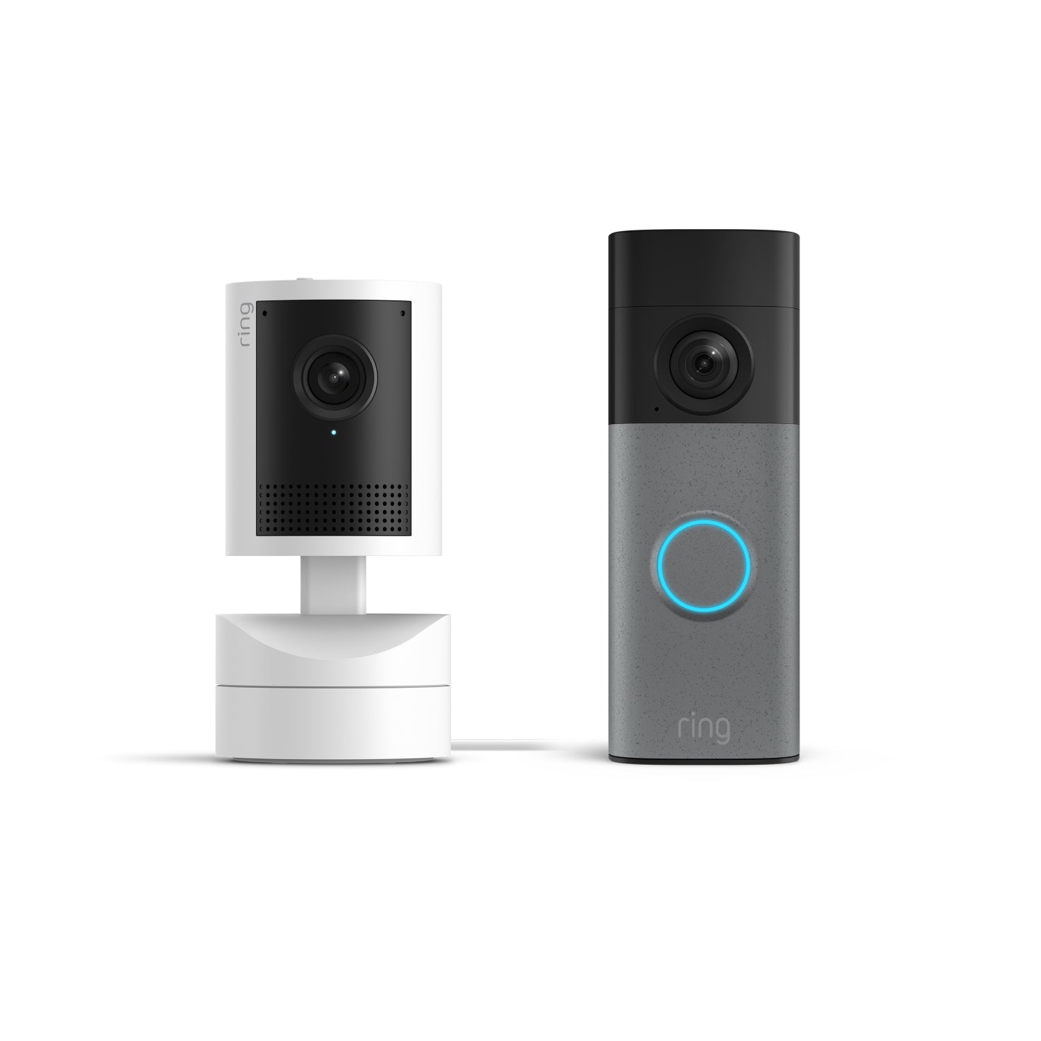Speckled Grey:Battery Video Doorbell 2K next to Pan-Tilt Indoor Cam 2K on a white background