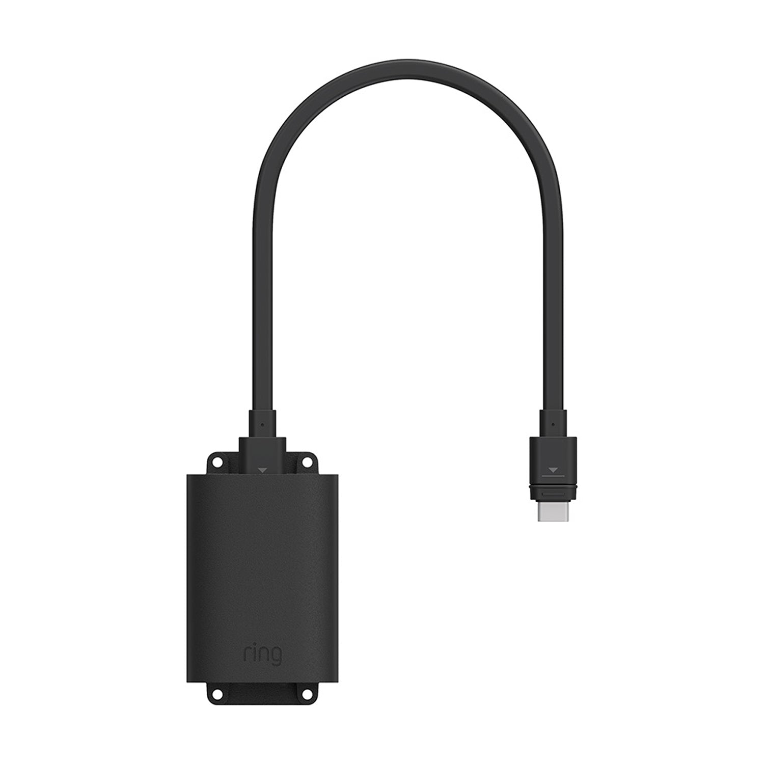 Black PoE+ to USB-C Indoor Adapter with a U-shaped cable ending in a USB-C connector, set against a white background